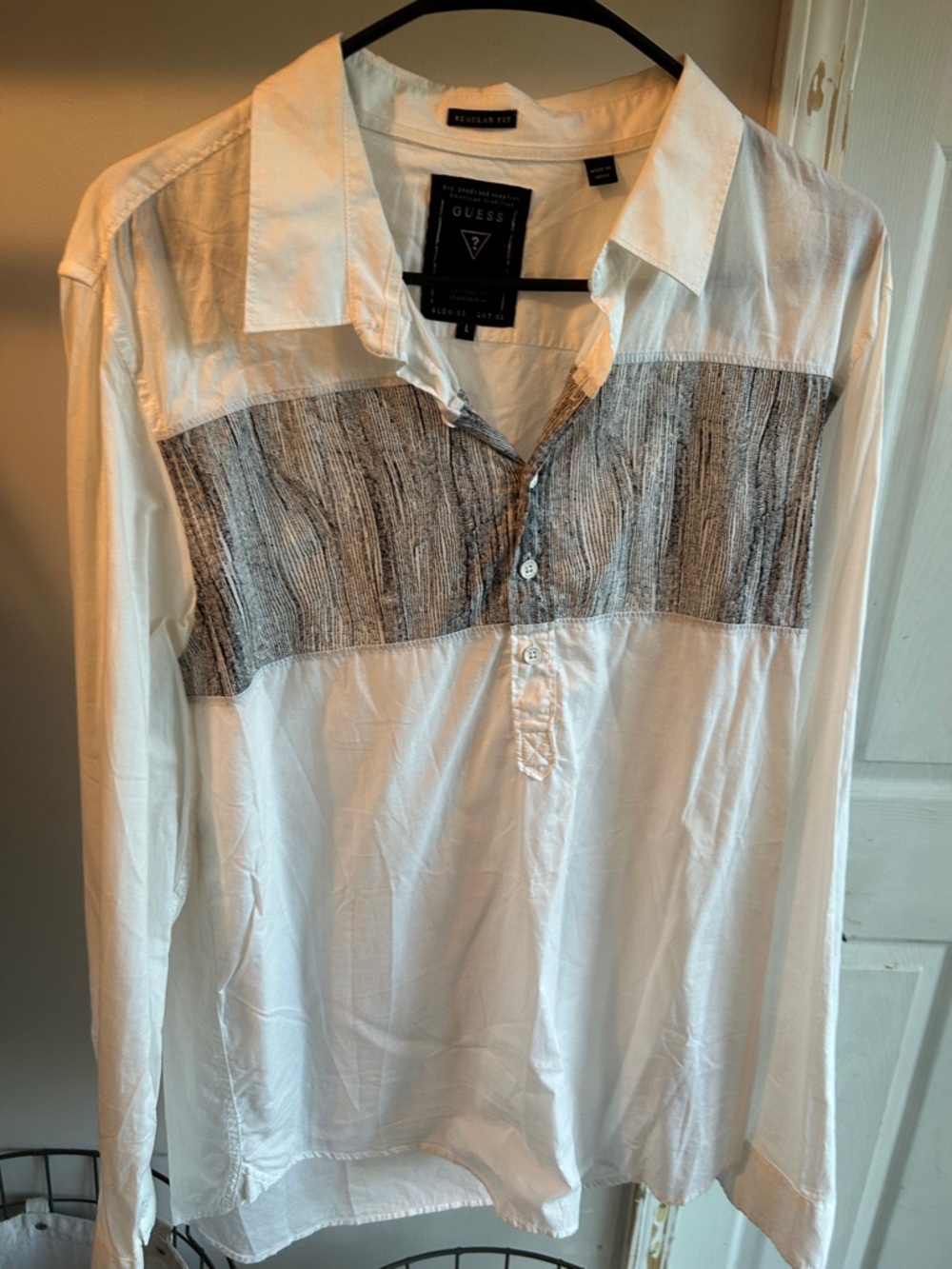 Guess Men’s White Button-Down Shirt with Gray Textured Chest Panel